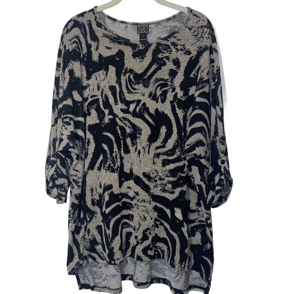 Clara Sun Woo Women's Size Large Tunic Knit Top Black & Gray 3/4 Sleeve